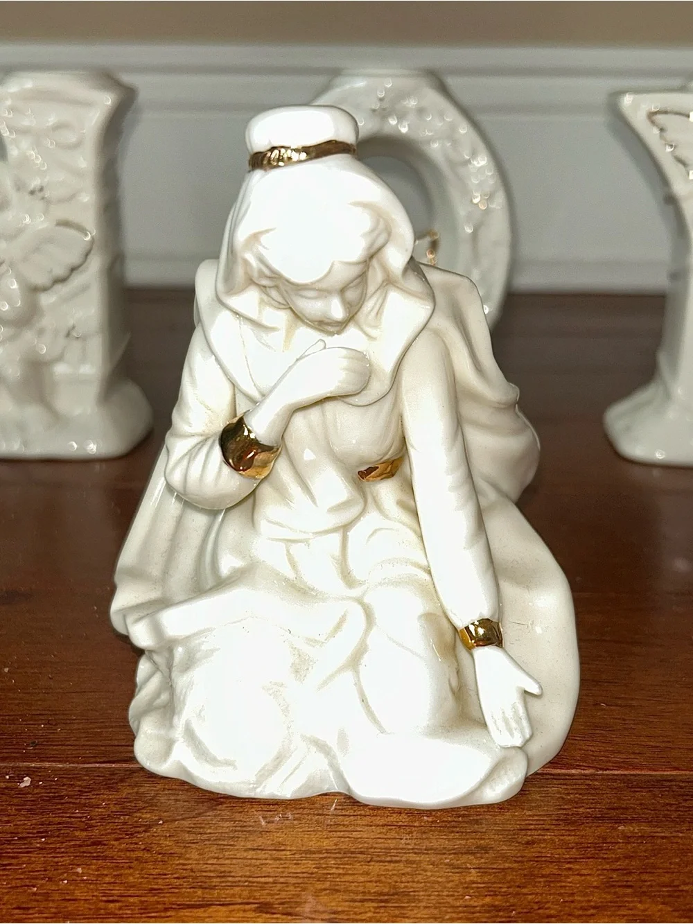 Vintage Angel Cherubs JOY Candle Holders Nativity Christmas Porcelain Gold Trim